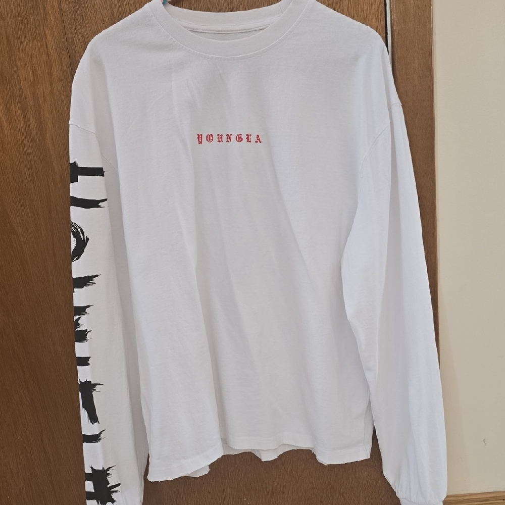 YoungLA White Long Sleeve Tee with Red Logo and Black Sleeve Graphic